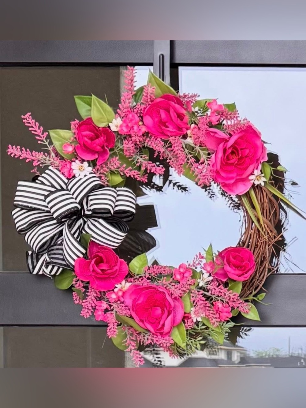 Custom Designed Pink, Black, and White Modern Grapevine Wreath NEW!